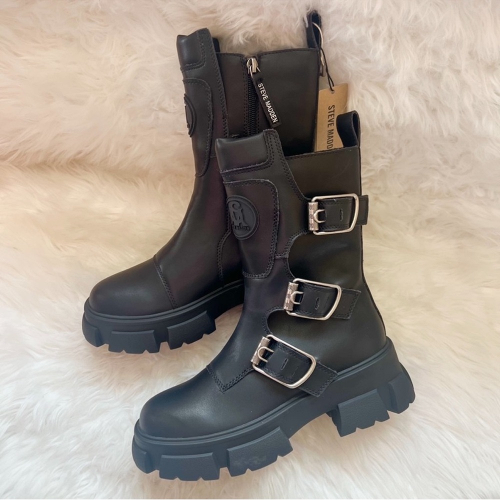 ❤️SOLD❤️ Steve Madden Chunky Sole Platform Moto Combat Boots in Black Leather - Picture 7 of 11